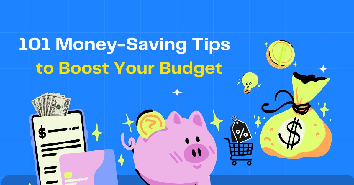 A diverse collection of money-saving tips visually represented by icons of a shopping cart, calculator, piggy bank, and dollar bills