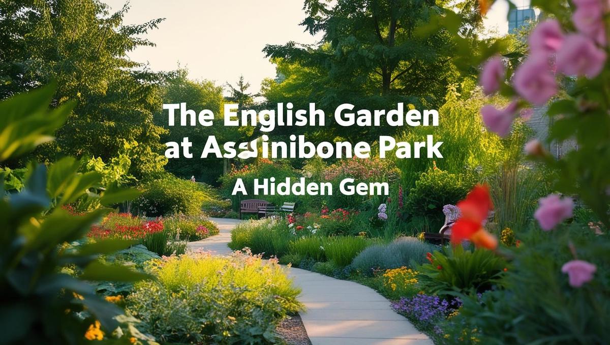 The English Garden at Assiniboine Park, Winnipeg, with a scenic pathway, vibrant flowers, and lush greenery.